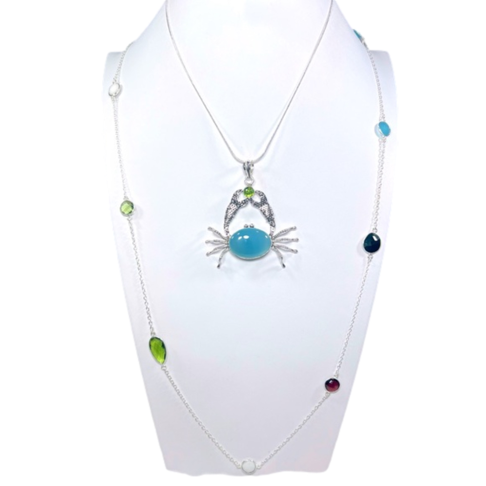 Natural Blue Chalcedony Crab 925 Pendant & Multi Stone Delicate Necklace 36”